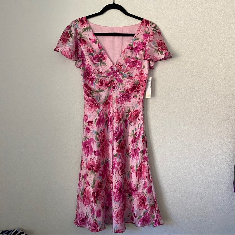 NWT Vintage Janestreet Pink Floral Silky Peonies Valentines Dress sz XS